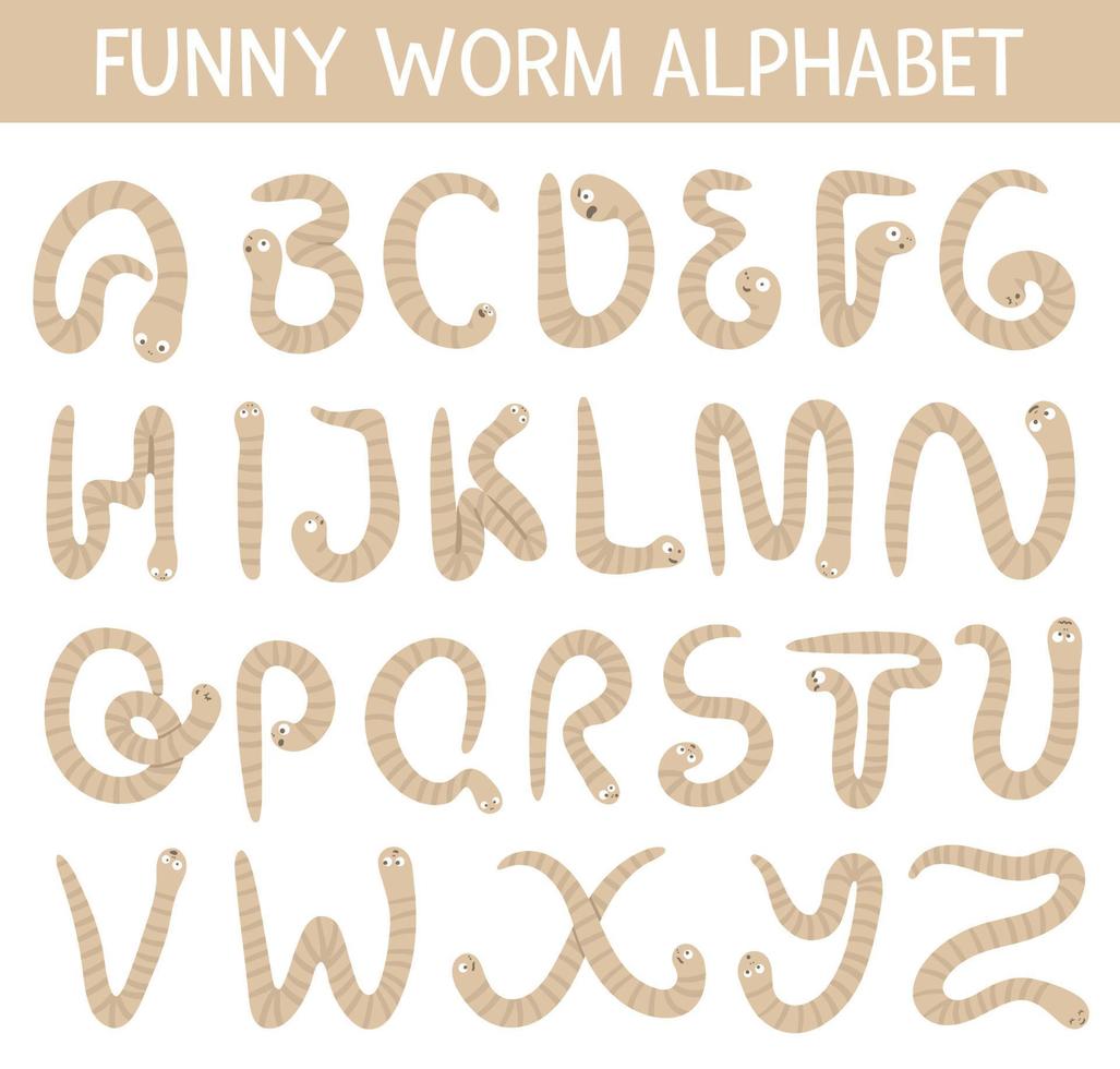 Spring garden themed alphabet for children with worms. Cute flat ABC with insects. Horizontal layout funny poster for teaching reading on white background. vector