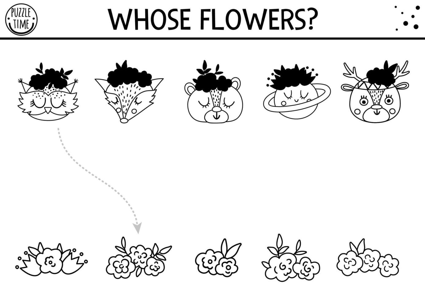 Mothers day black and white shadow matching activity for children with cute  animal and flowers on heads. Fun line game with forest animals for kids.  Find correct silhouette printable worksheet. 6959497 Vector