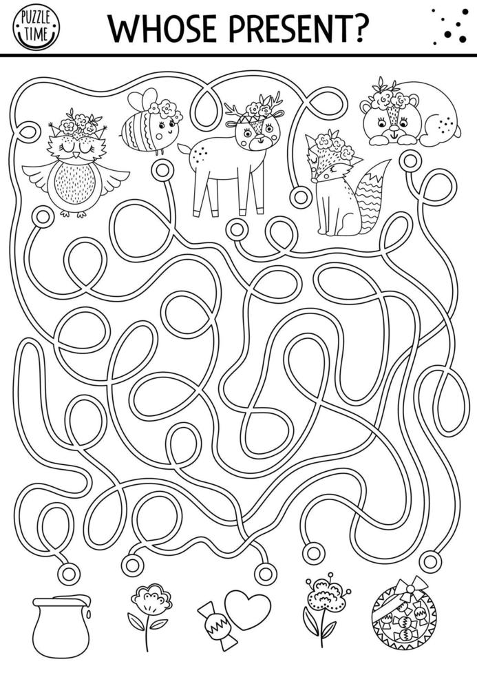 Mothers day black and white maze for children. Holiday preschool printable activity. Funny family love line game or puzzle with cute animals and gifts. Mother and baby labyrinth or coloring page vector