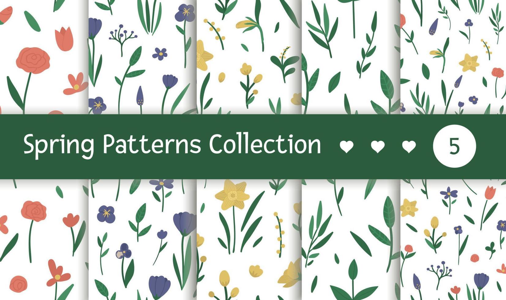 Vector set of seamless patterns with different flower elements. Pack of garden repeating background with decorative plants. Texture with spring and summer herbs and flowers.