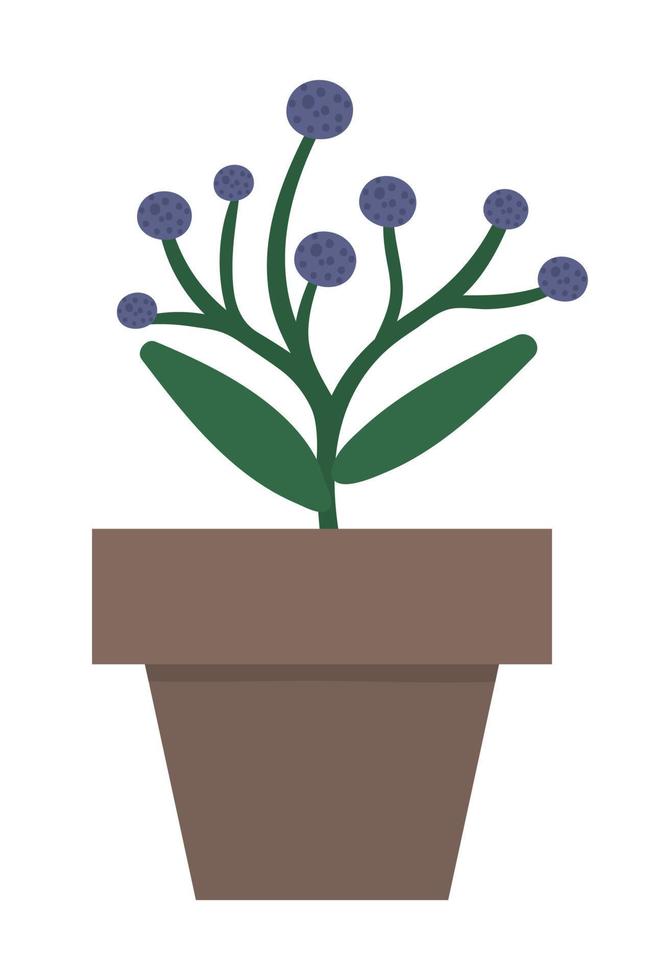 ilustración vectorial de planta en maceta con hojas verdes y flores redondas moradas. planta de interior dibujada a mano de moda plana para el diseño de jardinería doméstica. hermosa hierba de primavera y verano vector