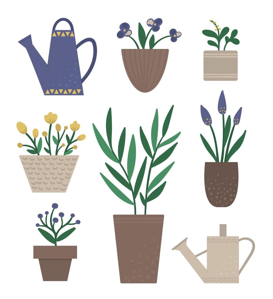 Vector illustration of plants in pots with watering cans. Flat trendy hand drawn set of houseplants for home gardening design. Collection of beautiful spring and summer herbs and flowers