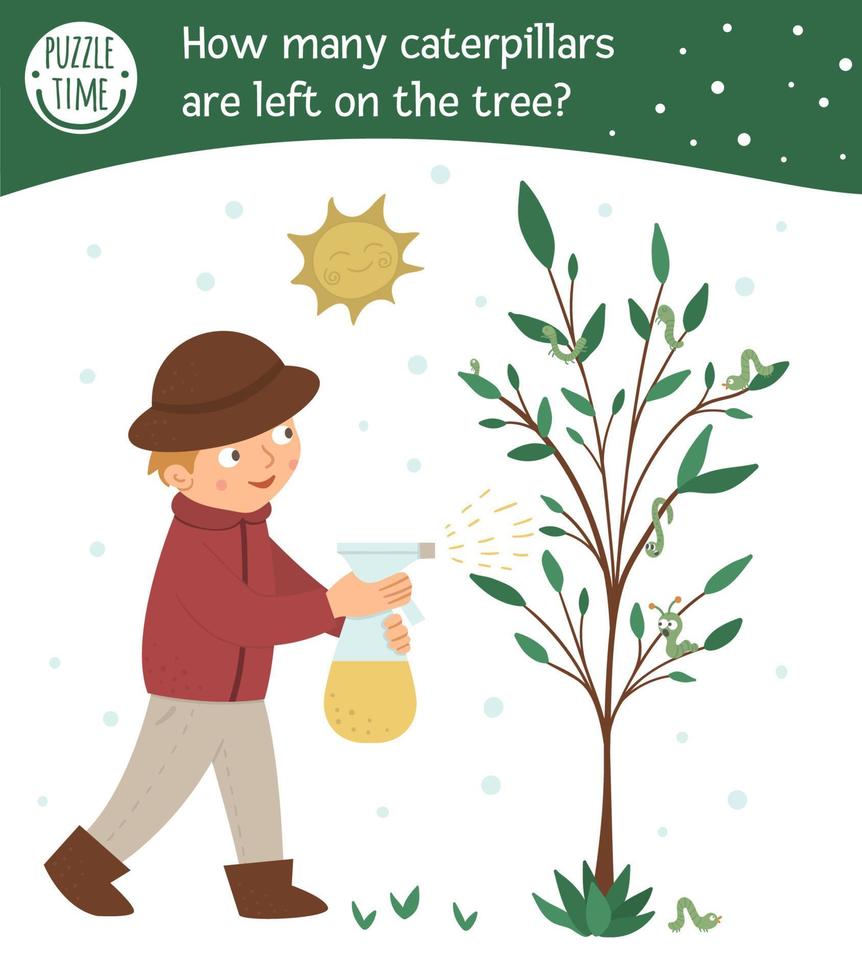 Spring garden searching math counting game for children with cute boy spraying the tree against caterpillars. Cute funny smiling characters. Find and count hidden caterpillars on the tree. vector