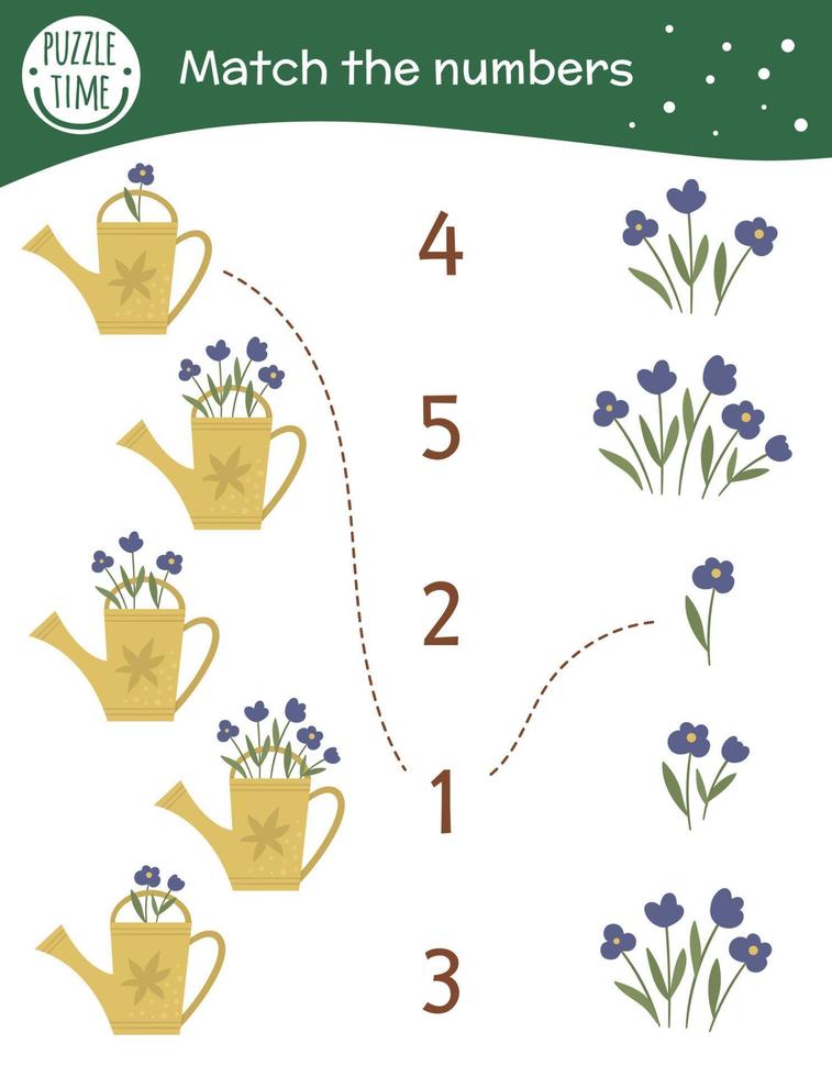 Matching game with watering cans and flowers. Garden math activity for preschool children. Spring counting worksheet. Educational riddle with cute funny elements. vector