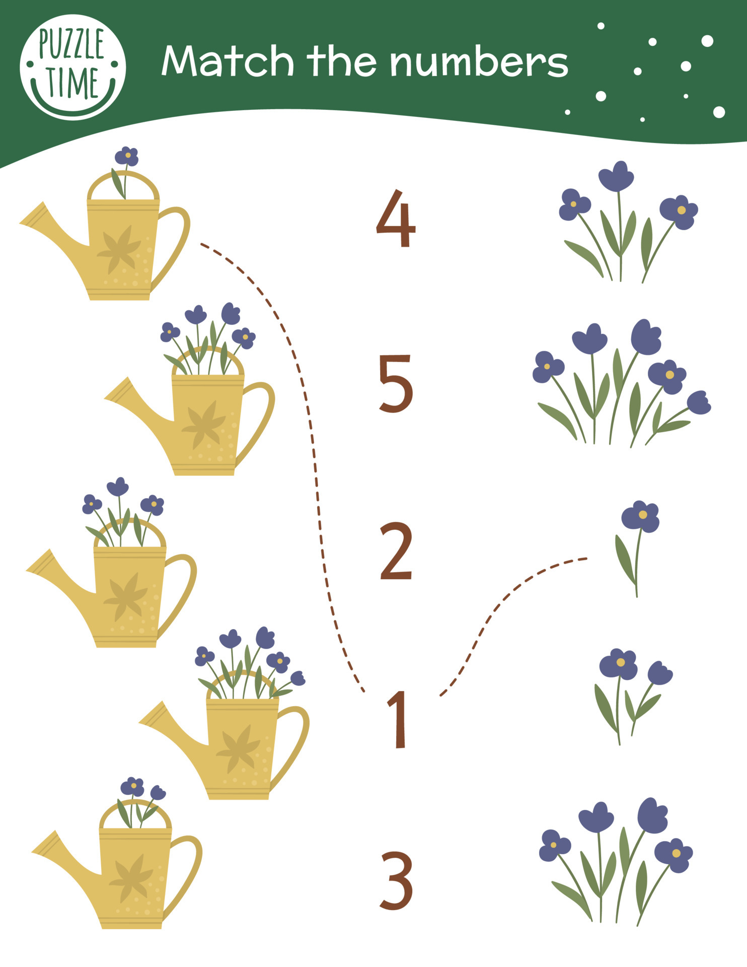 Matching game with watering cans and flowers. Garden math activity for