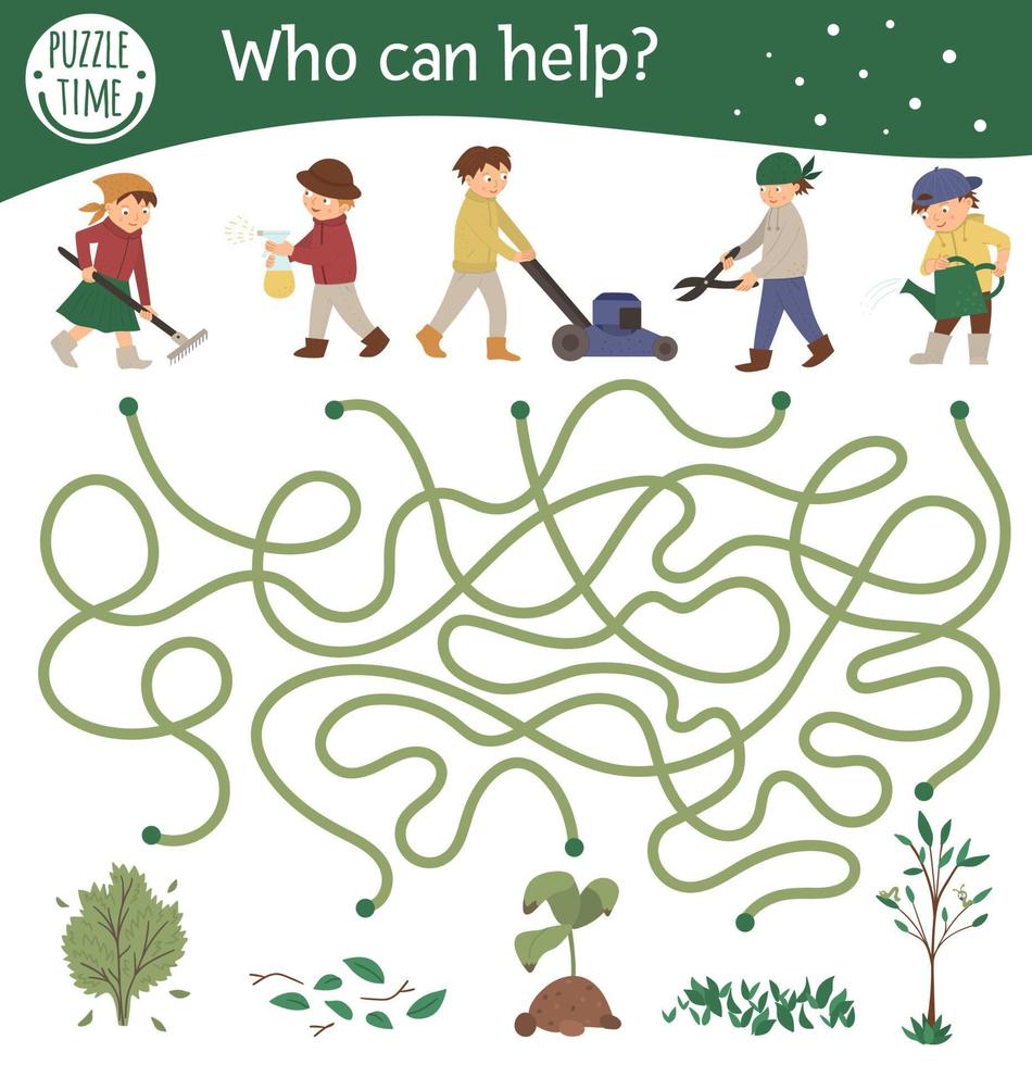 Garden maze for children. Preschool spring activity. Funny game with cute kids doing garden works. Who can help puzzle. vector