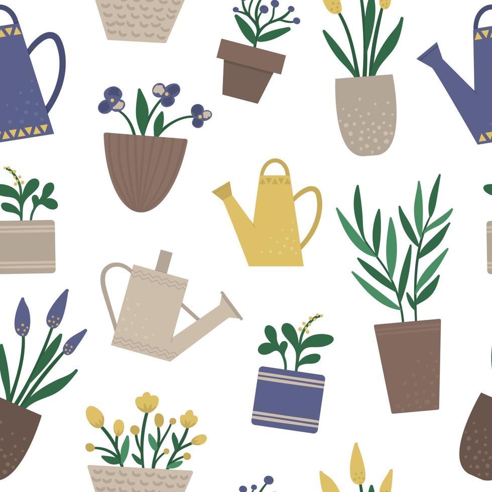 Vector seamless pattern with plants in pots with watering cans. Flat trendy hand drawn repeat background for home gardening design.