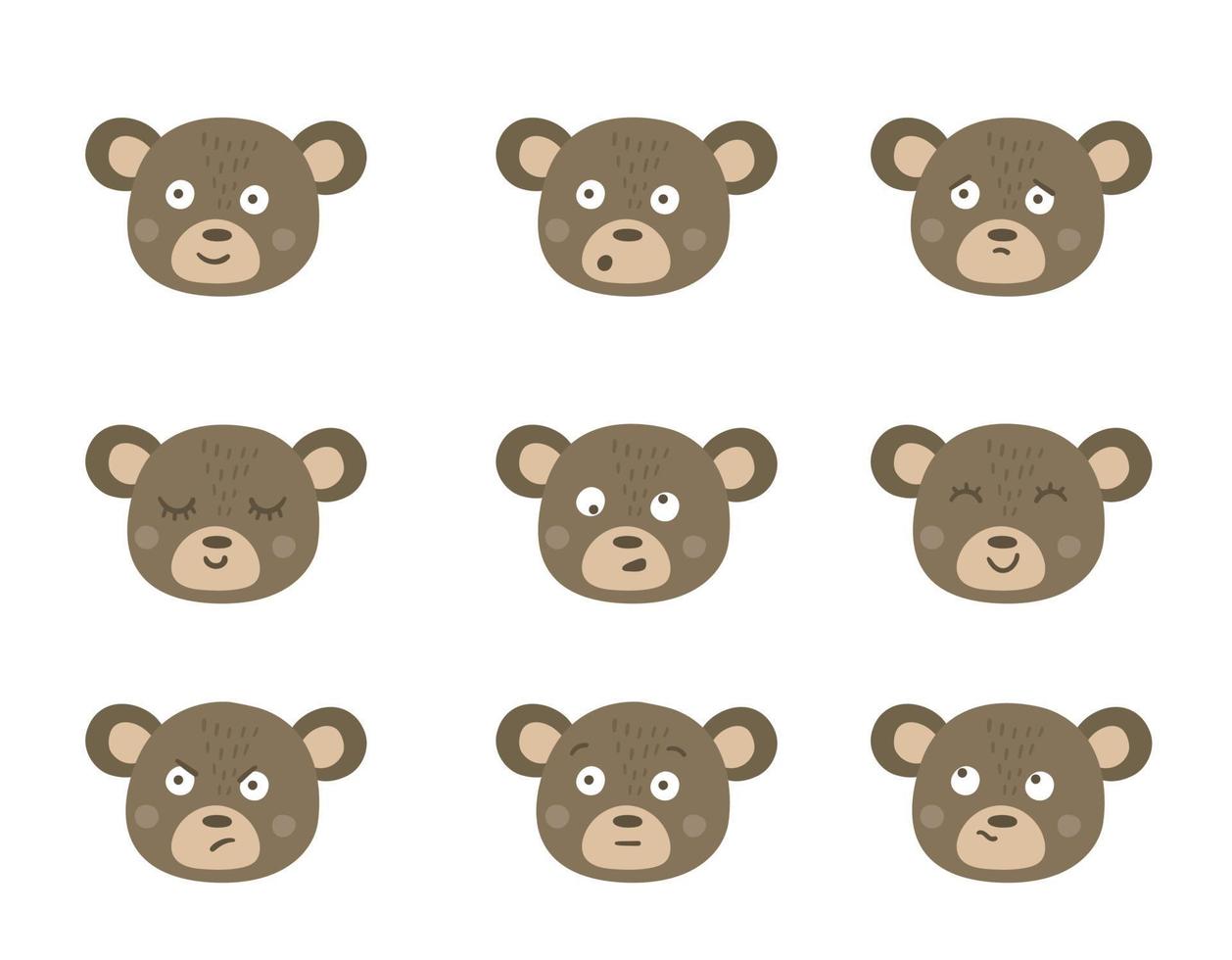 caras de osos vectoriales con diferentes emociones. conjunto de pegatinas de emoji de animales. cabezas con expresiones divertidas aisladas sobre fondo blanco vector