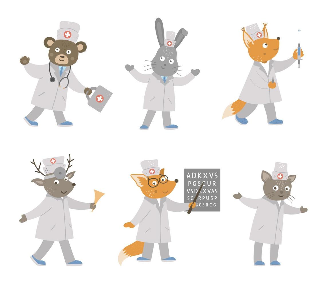 Set of vector animal doctors. Cute funny characters. Medical picture for children. Hospital scenes isolated on white background