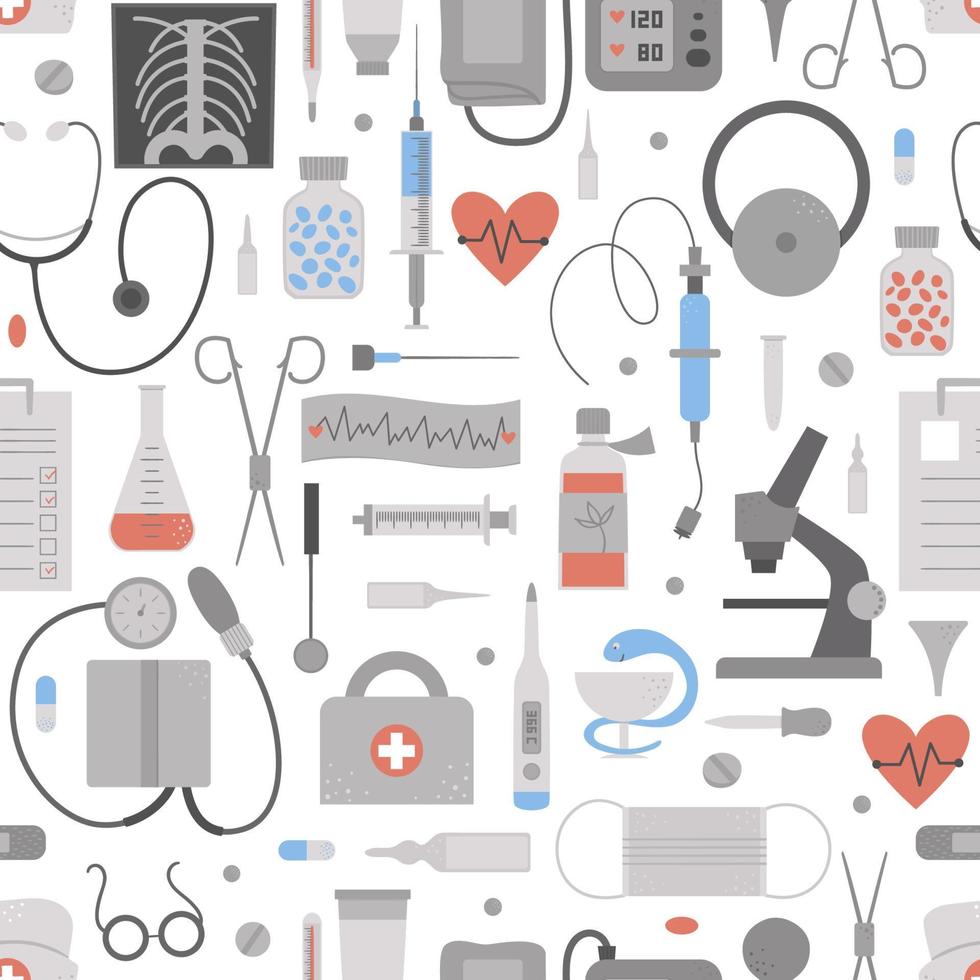 Vector seamless pattern with flat medical icons. Medicine or health insurance, research background. Healthcare and laboratory equipment digital paper. Health check or treatment texture