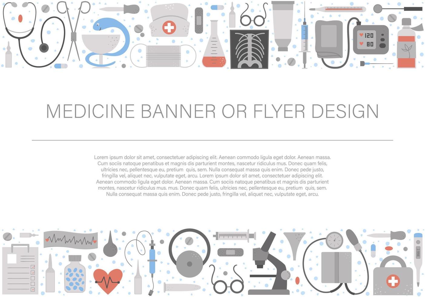 Vector horizontal layout frame with medical equipment and tools. Medicine elements banner design. Cute funny health care, check or research card template.