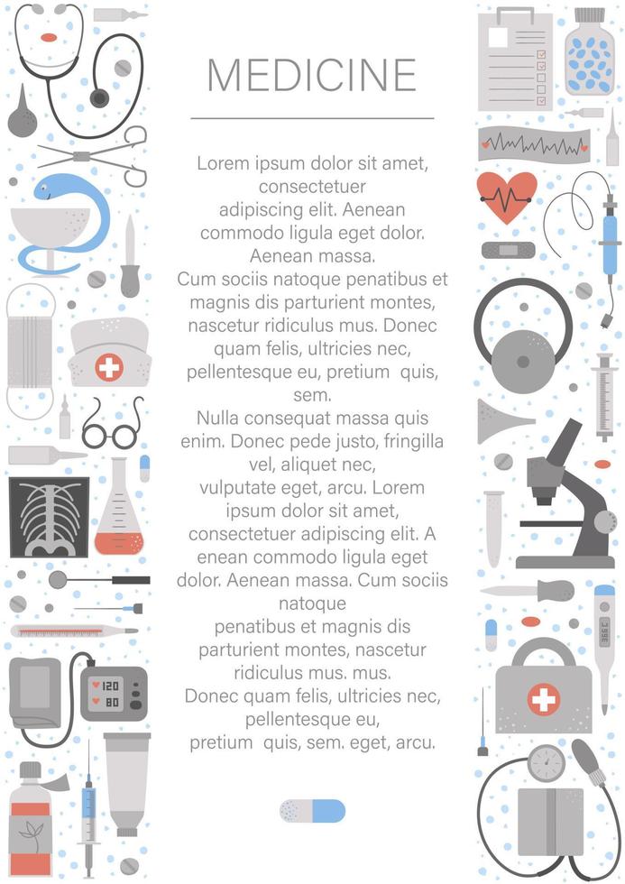 marco de diseño vertical vectorial con equipo médico y herramientas. diseño de banner de elementos de medicina. linda y divertida plantilla de tarjeta de atención médica, cheque o investigación. vector