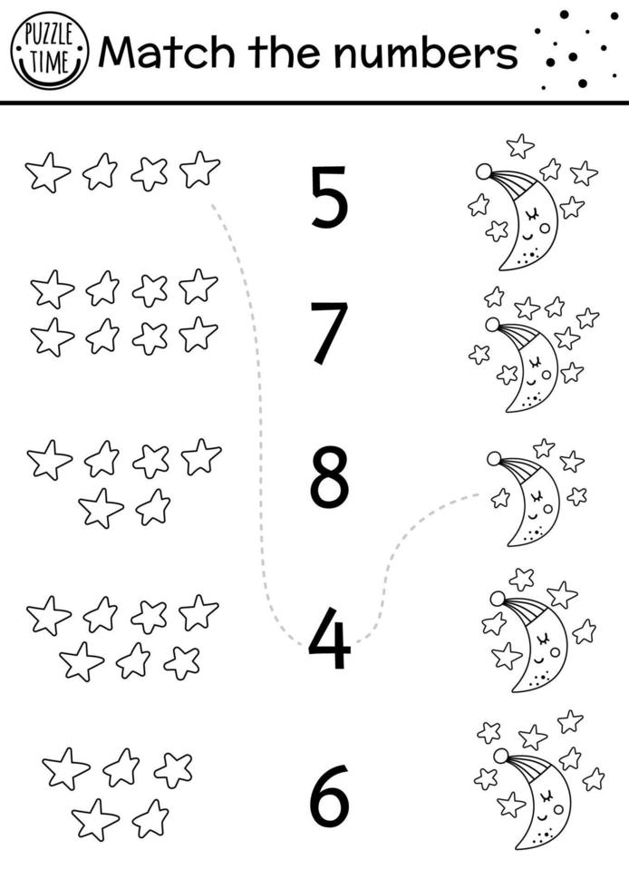 juego de combinación en blanco y negro del día de la madre con luna creciente y estrellas. actividad de buenas noches de matemáticas navideñas para niños en edad preescolar. hoja de trabajo de conteo imprimible en línea para niños. cuántas estrellas vector