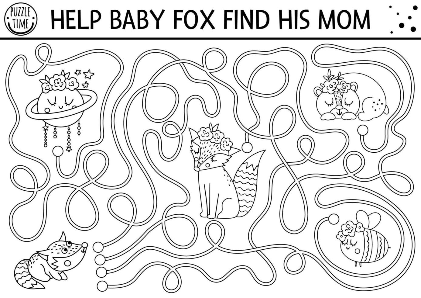Mothers day black and white maze for children. Holiday preschool printable activity. Funny family love game with cute animals. Mother and baby labyrinth or coloring page with little fox and mom. vector