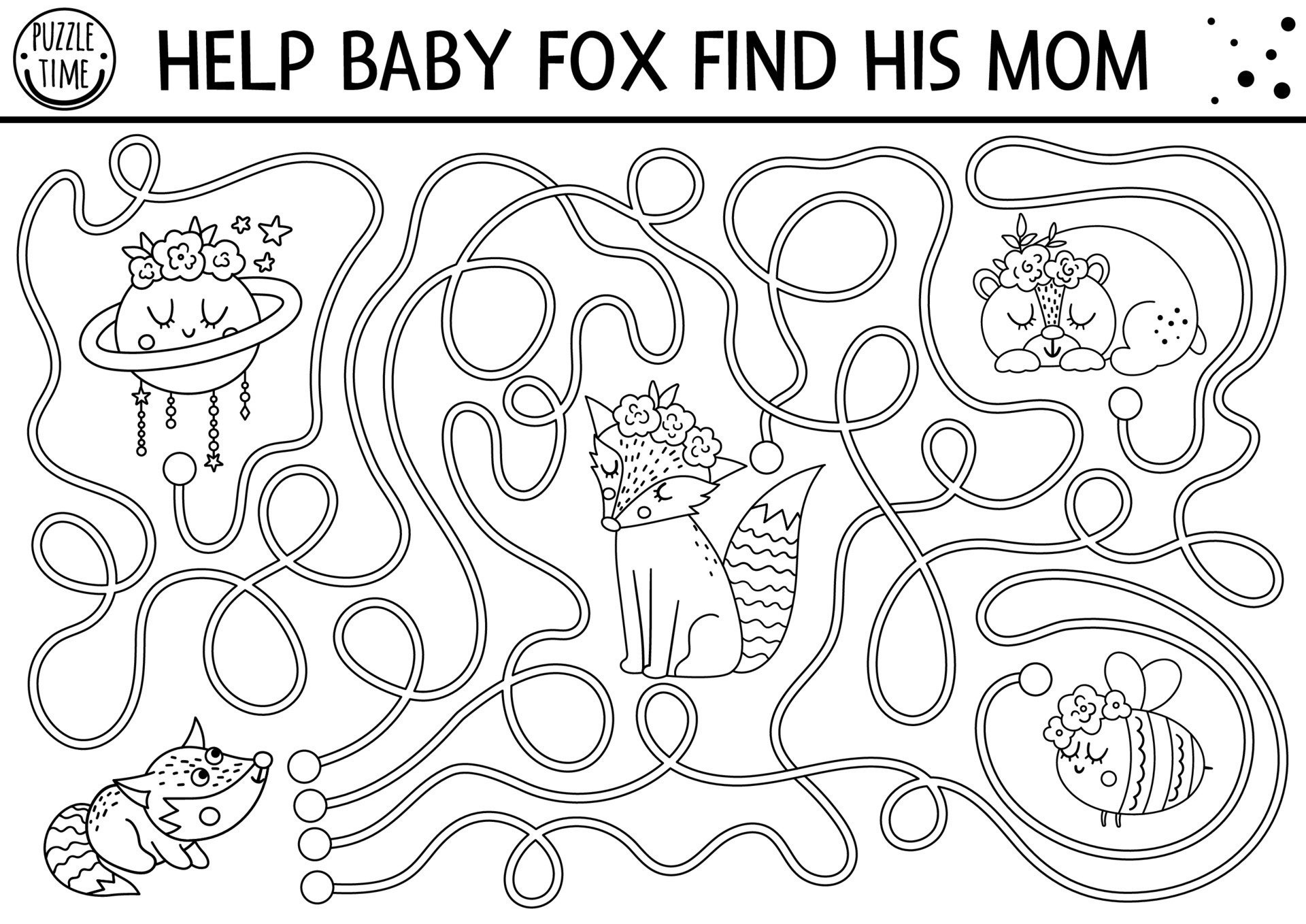 Mothers day black and white maze for children. Holiday preschool printable  activity. Funny family love game with cute animals. Mother and baby  labyrinth or coloring page with little fox and mom. 6959691