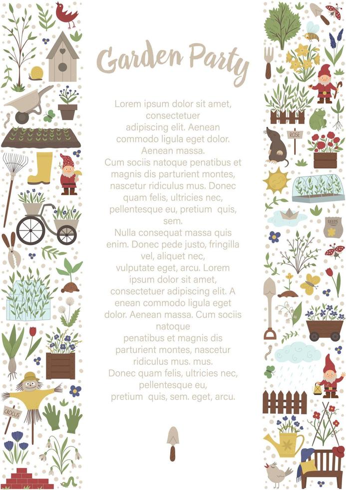 marco de diseño vertical vectorial con herramientas de jardín, flores, hierbas, plantas, insectos. banner de equipo de jardinería, invitación de fiesta o fondo. Linda plantilla de tarjeta de primavera divertida. vector