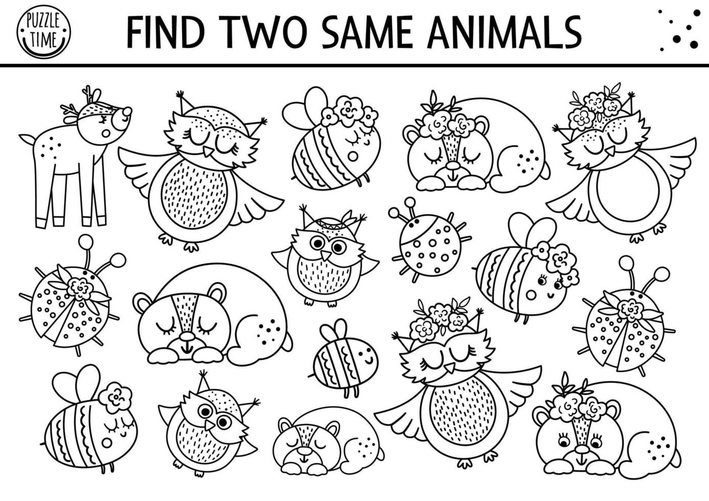 Find two same animals. Mothers day black and white matching activity for children. Funny spring logical quiz worksheet for kids. Simple printable line game or coloring page with cute animals vector