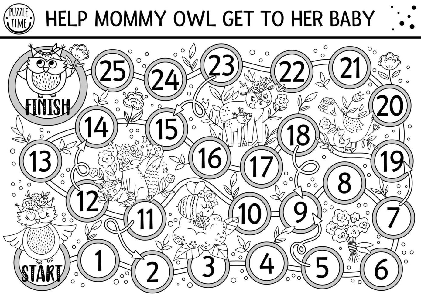 Mothers day black and white dice board game for children with cute animals. Holiday line boardgame with mother and baby owl, deer, fox. Family love activity. Printable worksheet or coloring page vector