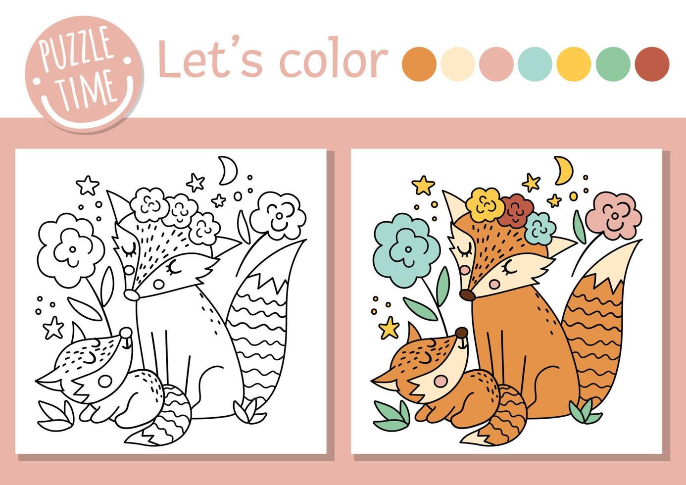 Mothers day coloring page for children with baby fox and mother. Vector outline illustration showing family love. Adorable spring holiday color book for kids with colored example