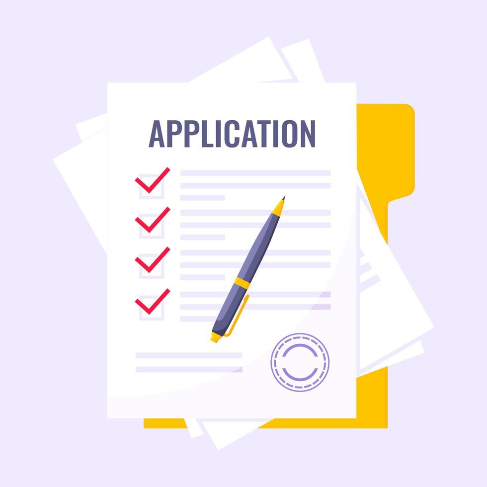 Submit application document form flat style design icon sign vector illustration isolated on white background. Complete application or survey document business concept with text contract stamp.