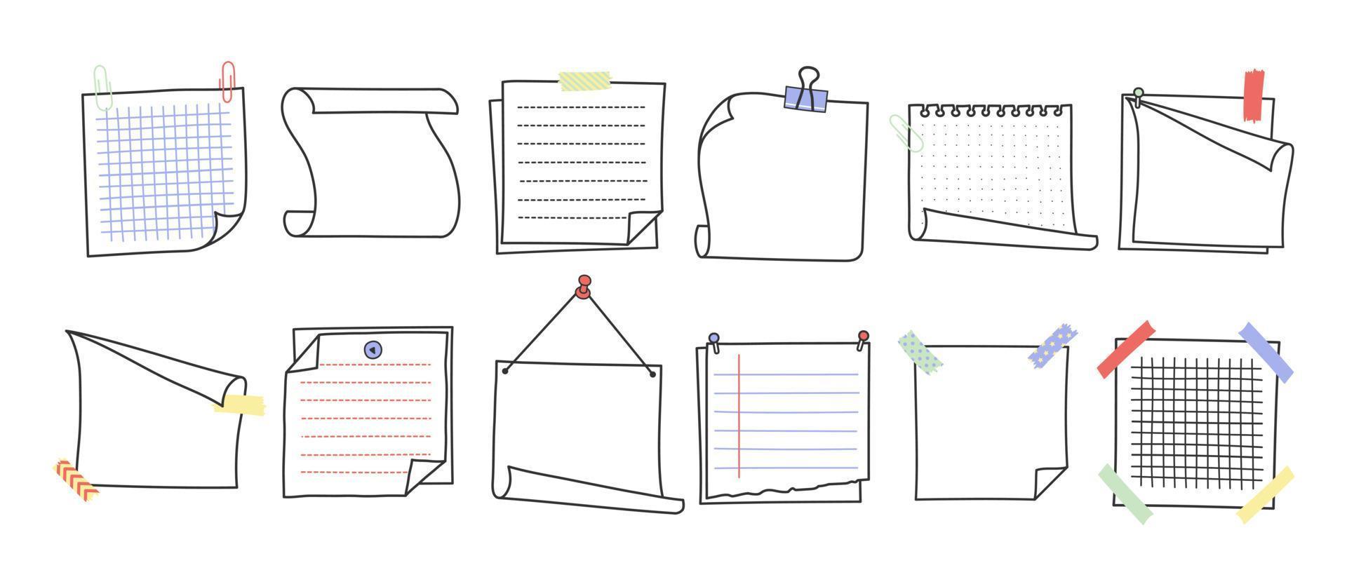 Doodle hand drawn memo notes and reminders vector illustration set.