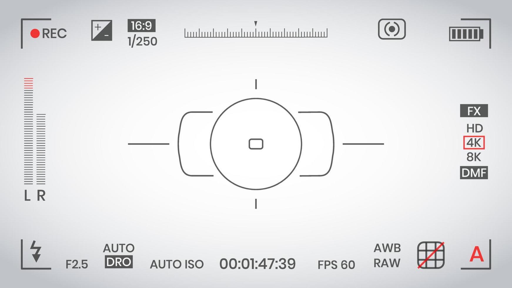 Camera viewfinder video or photo frame recorder flat style design vector illustration. Digital camera viewfinder with exposure settings and focusing grid template.