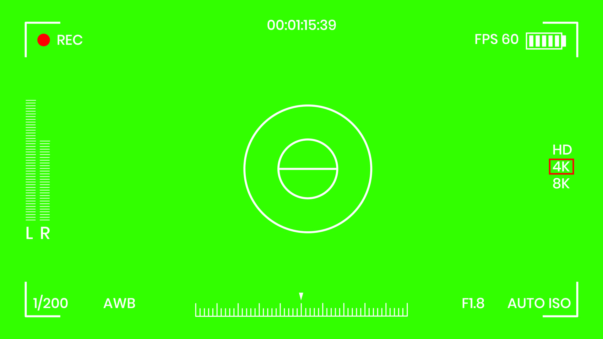 Green colored chroma key camera rec frame viewfinder overlay background