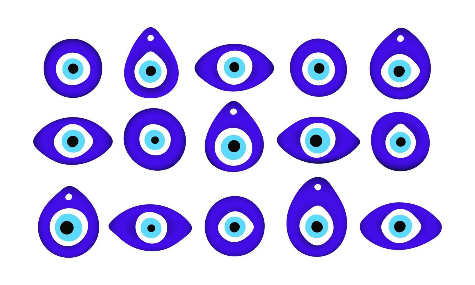 Blue oriental evil eye symbol amulet flat style design vector illustration set isolated on white background.