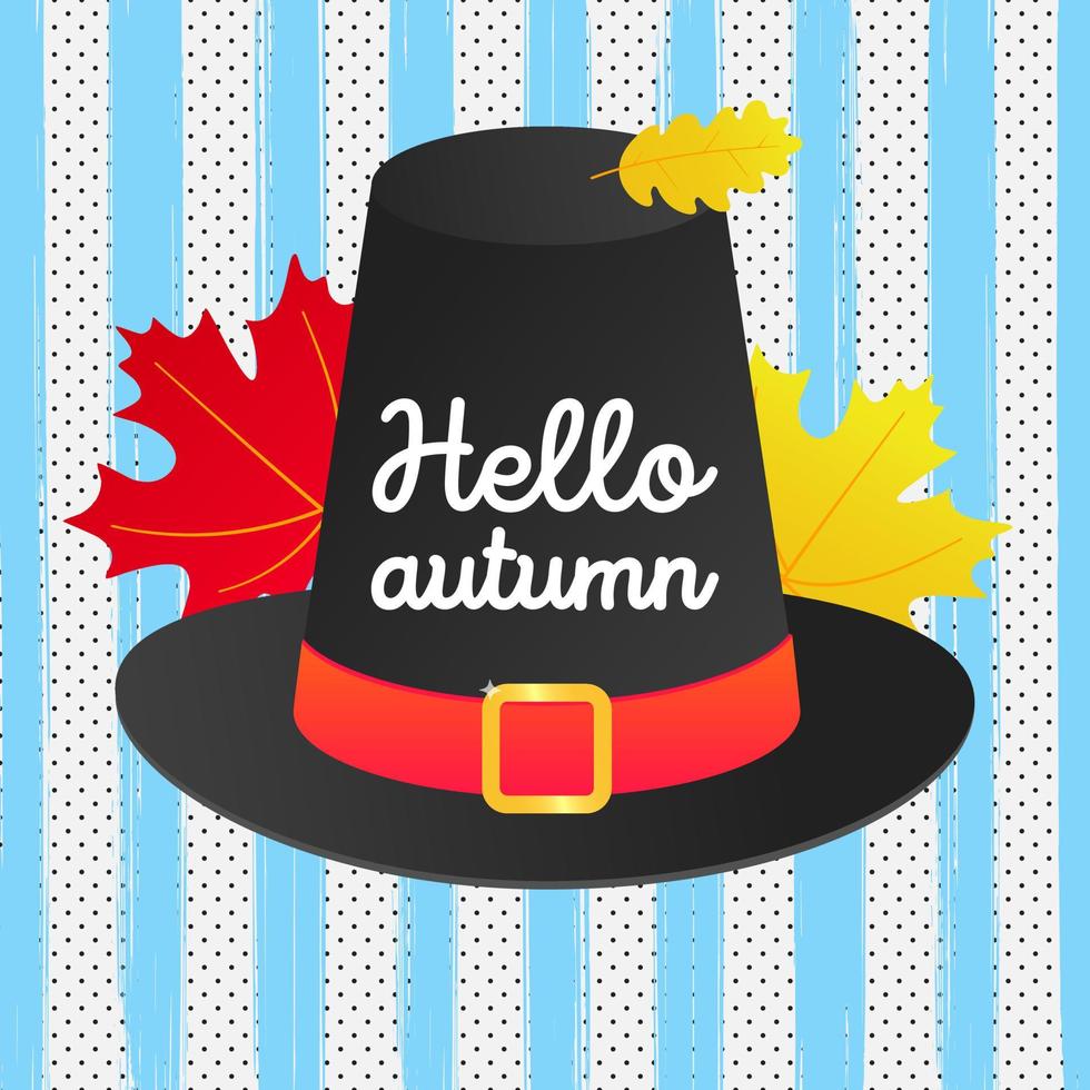 hola otoño vector banner o poster gradiente estilo plano diseño vector ilustración. enorme sombrero de peregrino con texto, hojas de colores aisladas en un fondo divertido.
