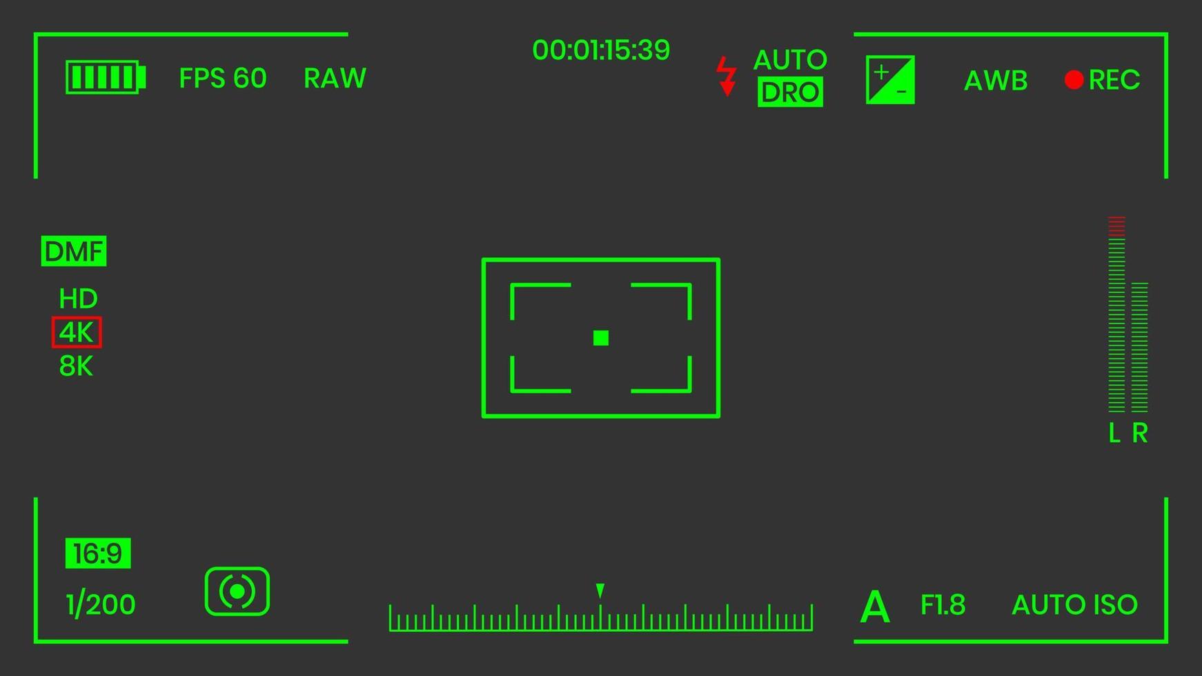 Camera viewfinder night vision video or photo frame recorder flat style design vector illustration. Digital camera viewfinder with exposure settings and focusing grid template.