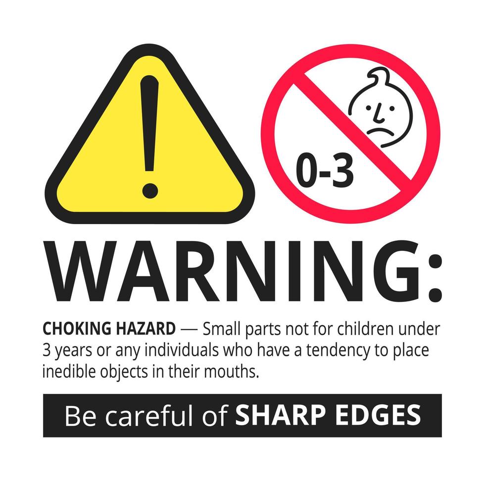 Choking hazard forbidden sign sticker not suitable for children under 3 years isolated on white background vector illustration. Warning triangle, sharp edges and small parts danger.