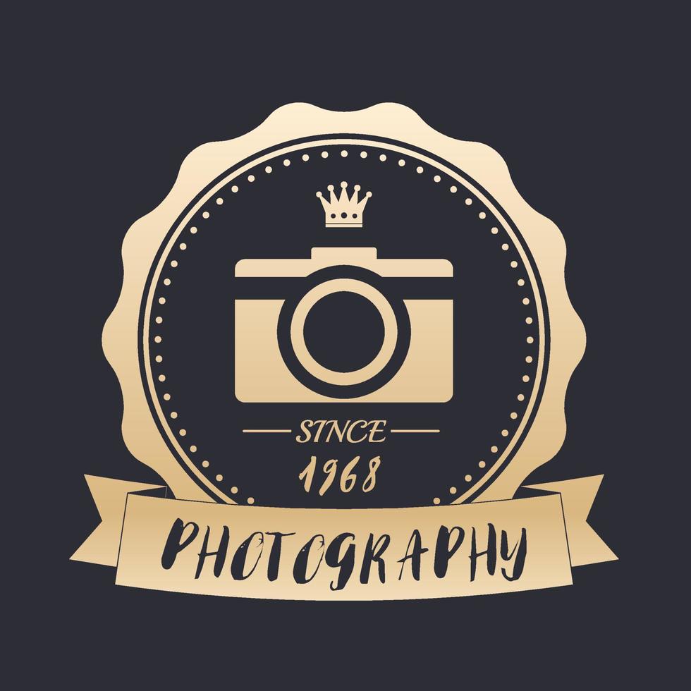 photography vintage logo with retro camera, vector gold emblem