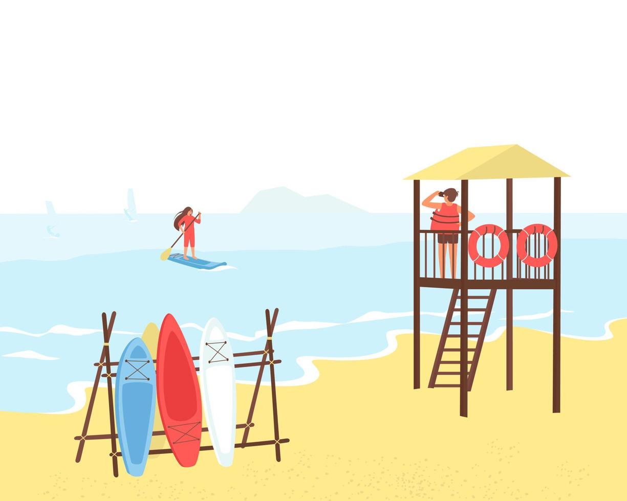 A lifeguard on a tower by the sea watches a girl floating on the water vector