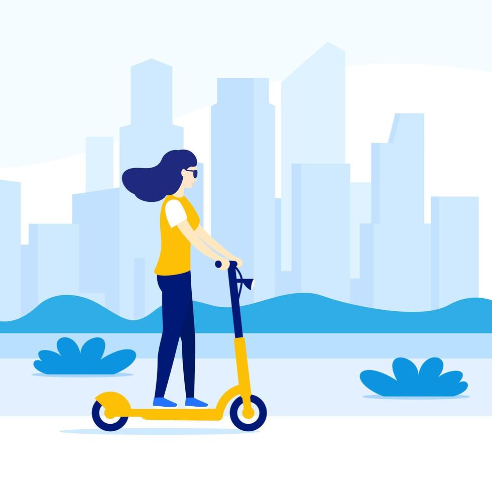 woman riding electric kick scooter in the city, vector