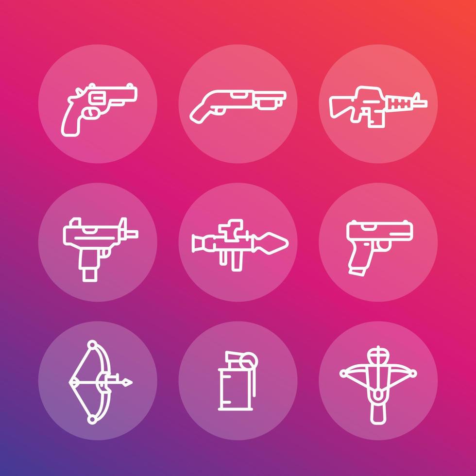 conjunto de iconos de línea de armas, pistola, metralleta, rifle de asalto, revólver, escopeta, granada, lanzacohetes vector