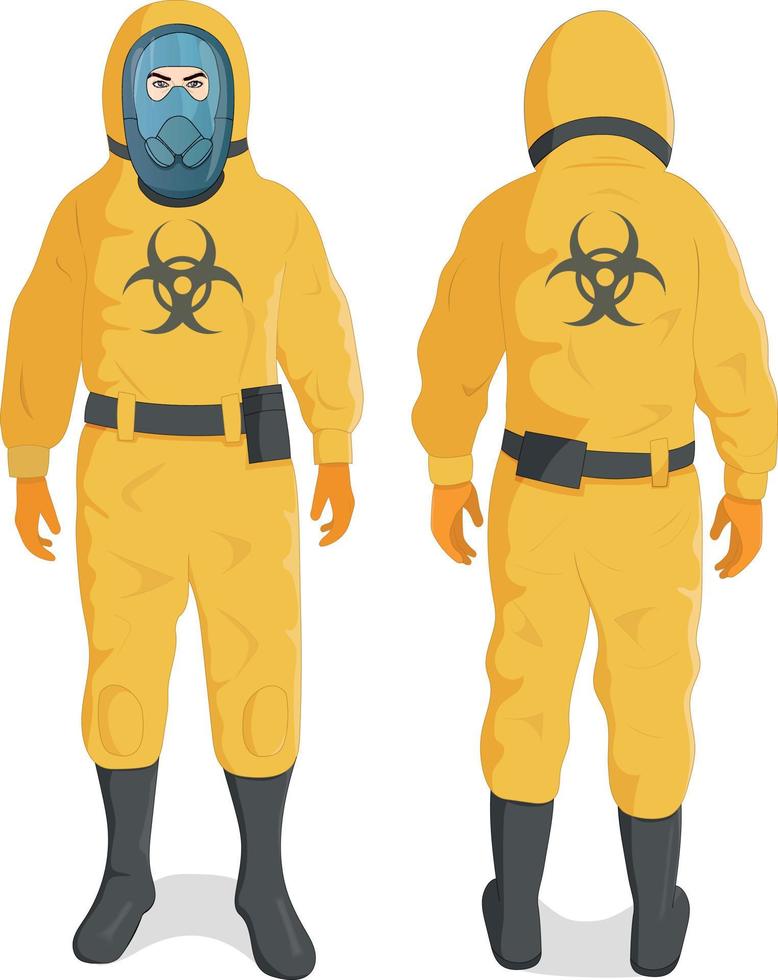 Man in Yellow Radiation Protective Suit and Helmet, Chemical or Biohazard Professional Safety Uniform vector