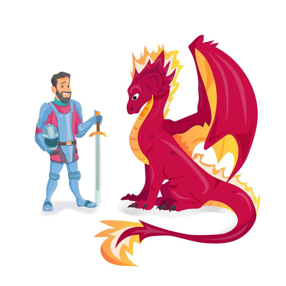 Knight in armor with sword and cute dragon on white background vector