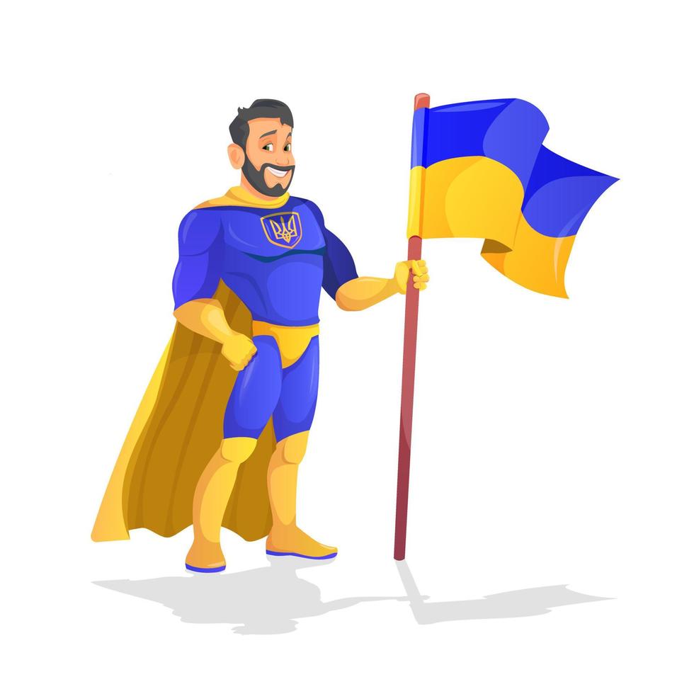 Handsome cartoon superhero standing with Ukrainian flag and heroic with a friendly smile on white background vector