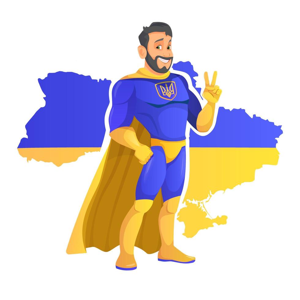 Handsome cartoon superhero wearing in Ukrainian colors standing with confidence and heroic with a friendly smile on the map of Ukraine background vector