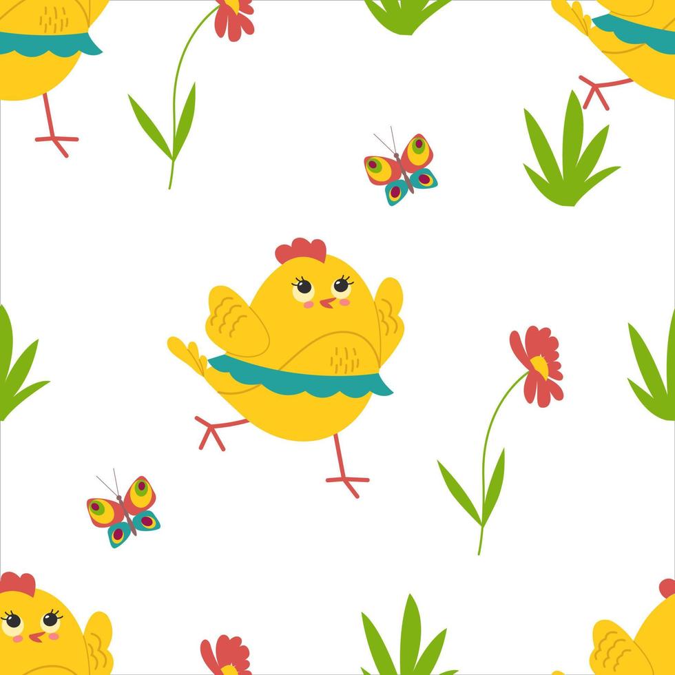 Cute yellow chicks in different poses seamless pattern, birds and flowers, butterflies. Vector illustration.