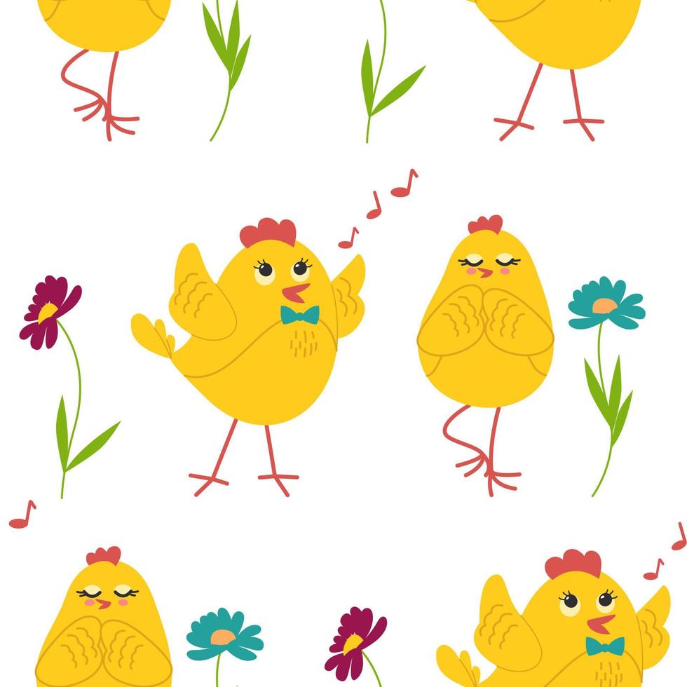 Cute yellow chicks in different poses seamless pattern, birds and flowers, butterflies. Vector illustration.