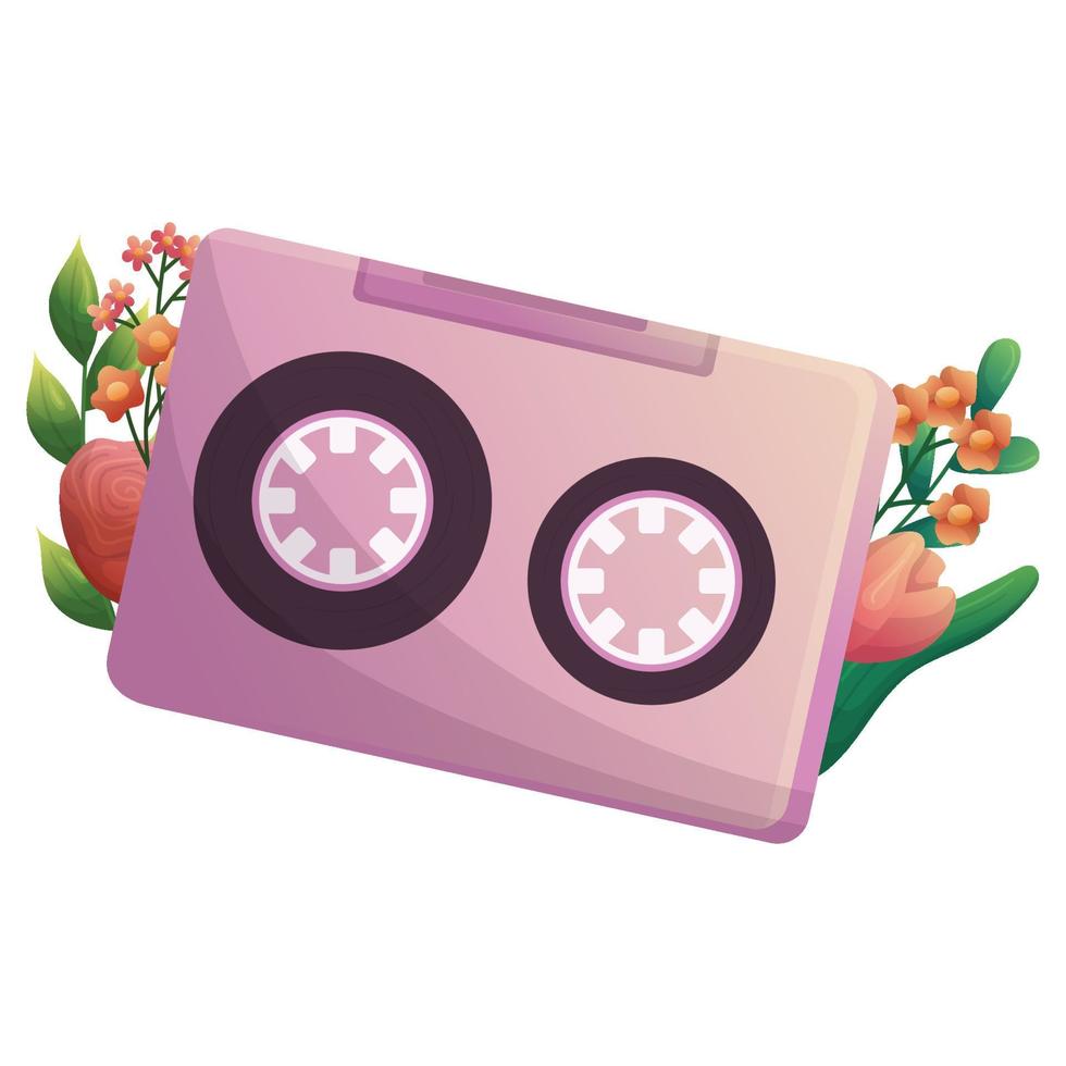Retro music tapes with flowers and leaves behind it. Audio cassette with floral for print design.Hand drawn vintage object. Vector isolated illustration.