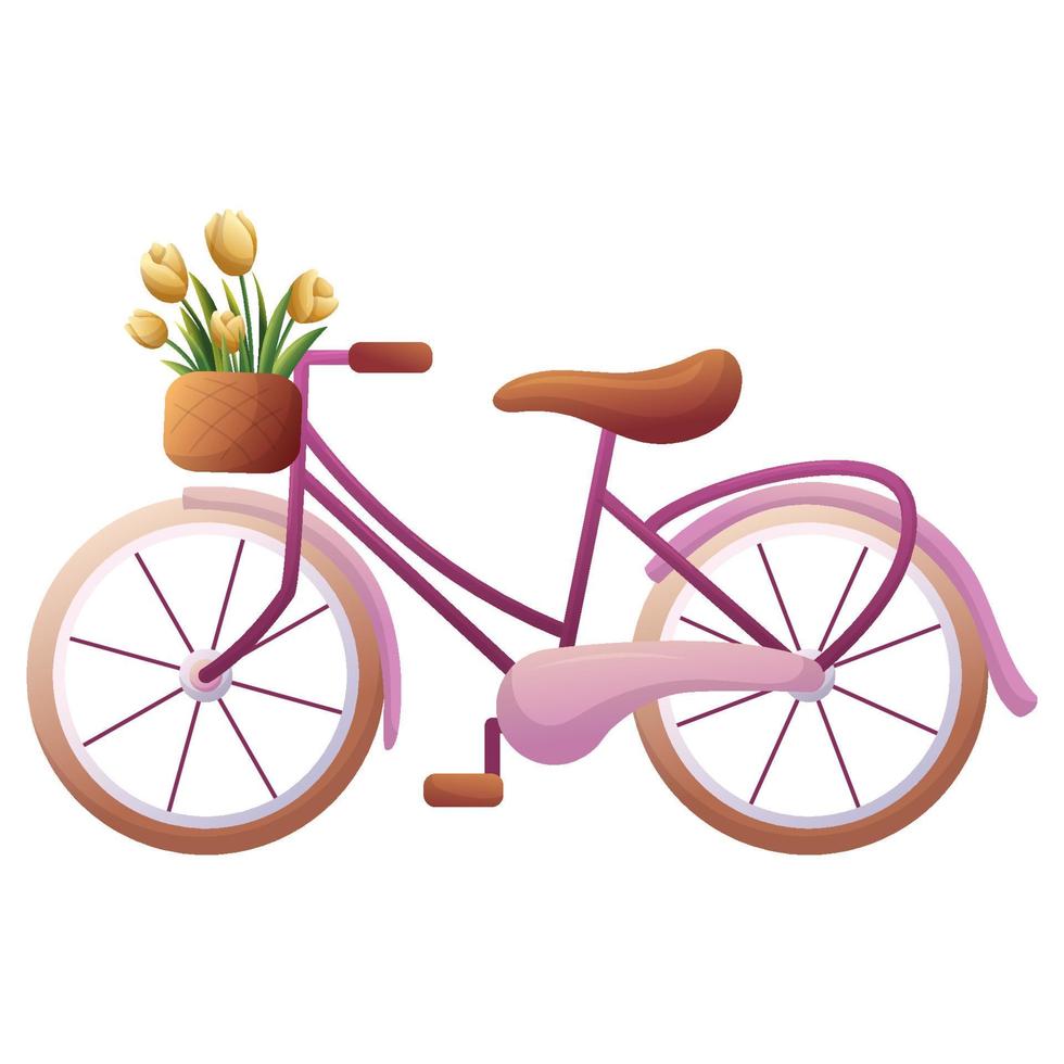 Vintage cartoon illustration with pink bicycle with basket of flowers. Retro romantic spring bloom design. Vector cartoon style hand drawn illustration.