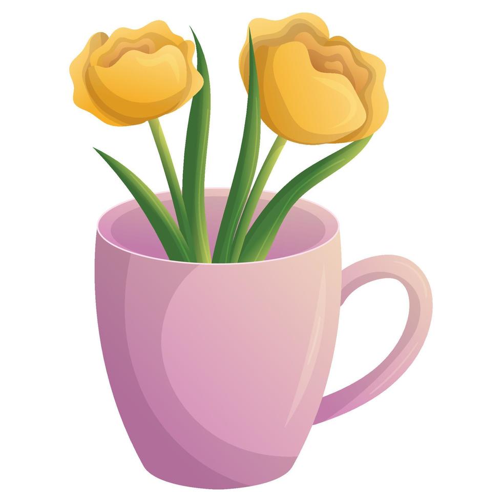Yellow flowers with green leaf in pink cup. Romantic bloom design. Elegant decoration. Spring season. Isolated flat vector festive  illustration.