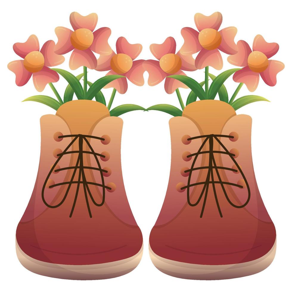 Boots with spring bouquet of flowers with leaves. Vector hand drawn isolated illustrations. Flat cartoon style.