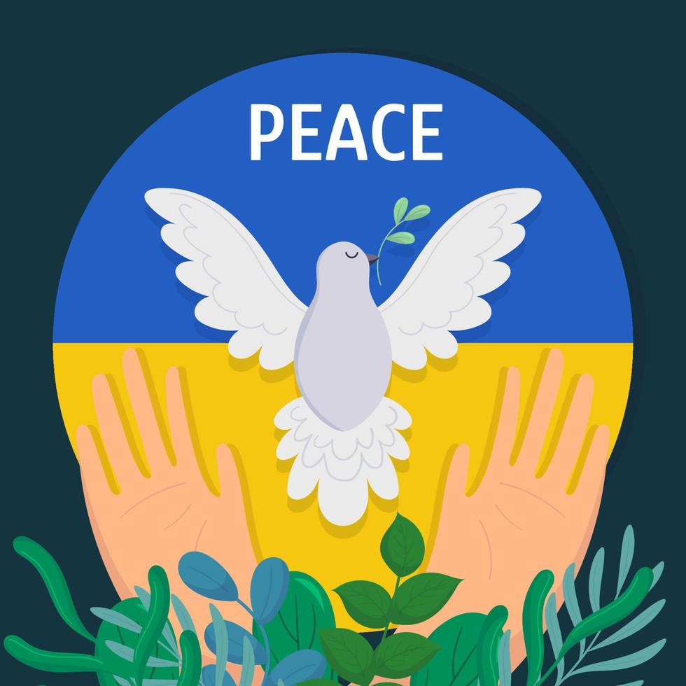 Hands and dove of peace on blue and yellow backgrond. Ukrainian flag colors. Stop war concept. Conflict between Ukraine and Russia. vector