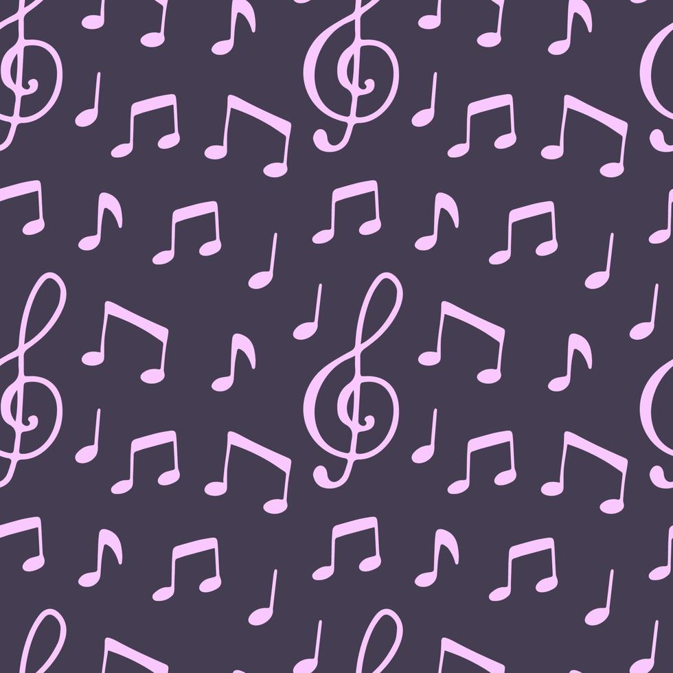 Modern cartoon illustration with music note on dark violet background. Seamless pattern for decoration design, fabric, packaging. Hand drawn doodle vector image.