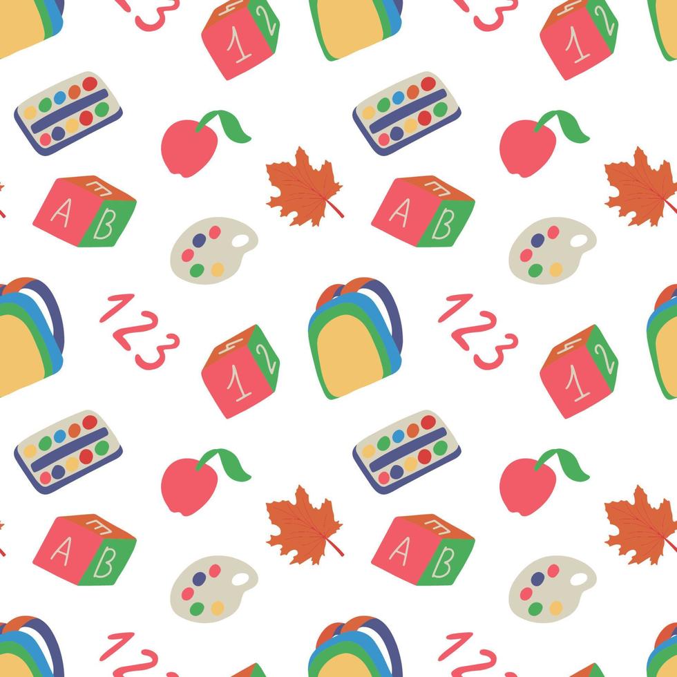 Seamless hand drawn pattern with colorful back to school on white background. Vector education illustration.