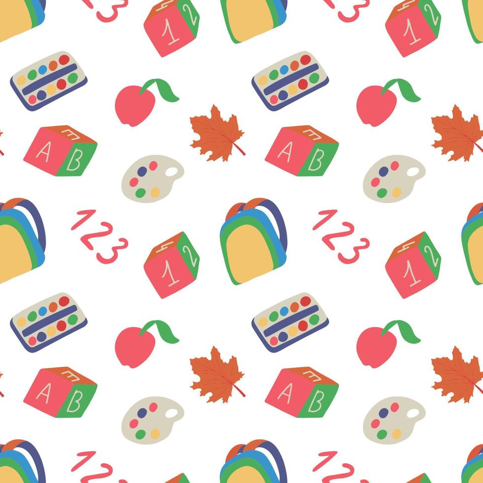 Seamless hand drawn pattern with colorful back to school on white background. Vector education illustration.