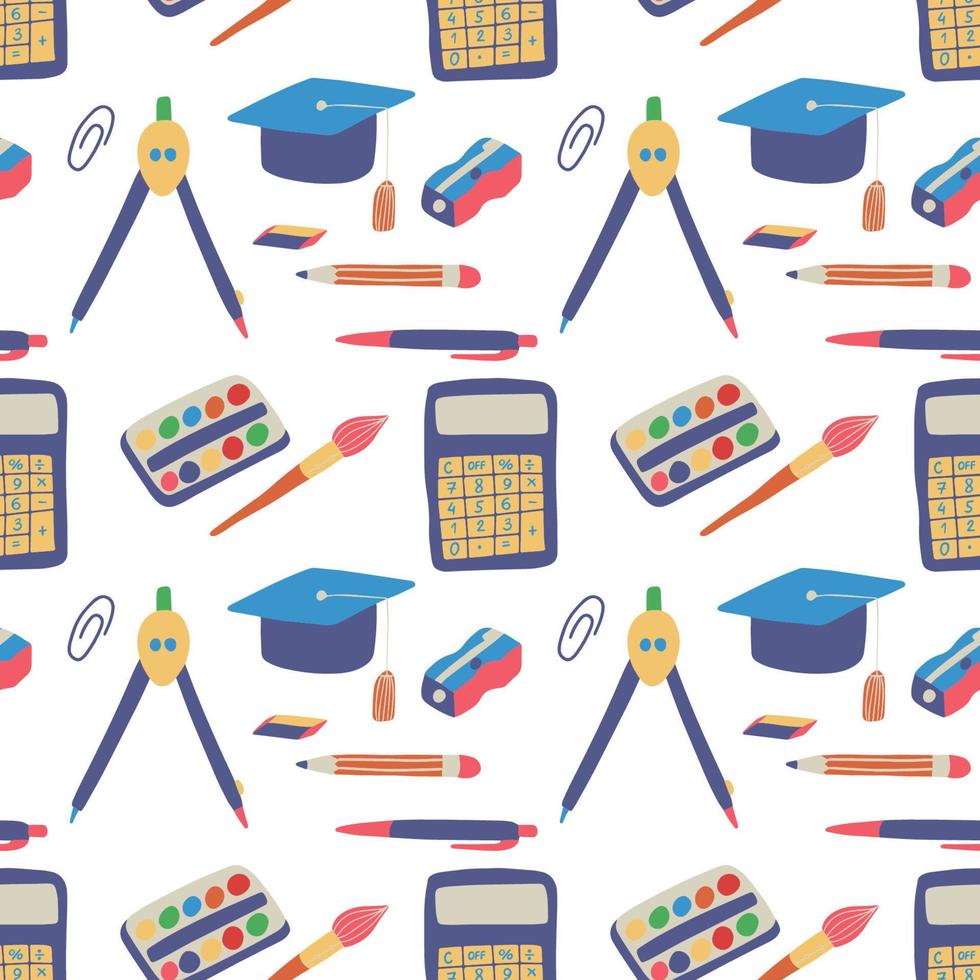 Seamless hand drawn pattern with colorful back to school on white background. Vector education illustration.